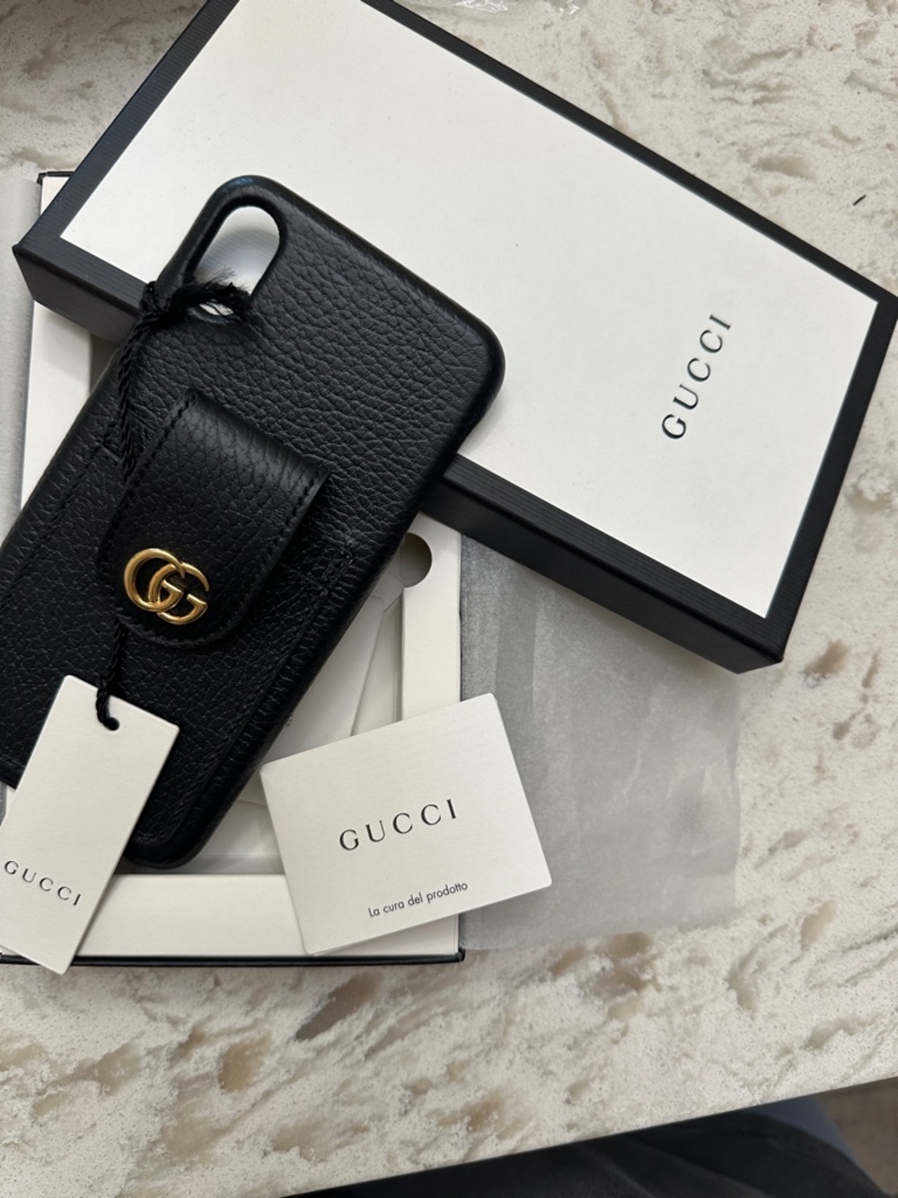 Gucci Black Leather Phone Case with Gold Interlocking GG